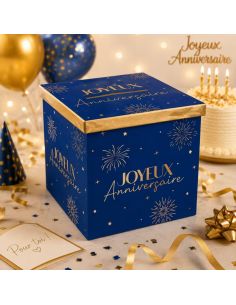 Urne "Joyeux Anniversaire" Bleu et Dorée - Dimensions : 20 x 20 x 20 cm 2
