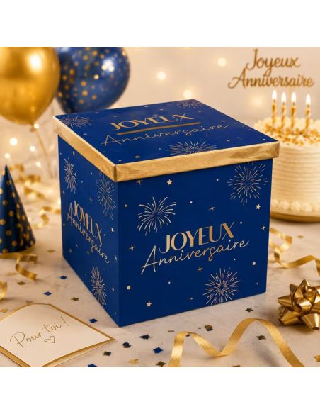 Urne "Joyeux Anniversaire" Bleue et Dorée - Dimensions : 20 x 20 x 20 cm