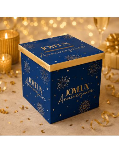 Urne "Joyeux Anniversaire" Bleue et Dorée - Dimensions : 20 x 20 x 20 cm