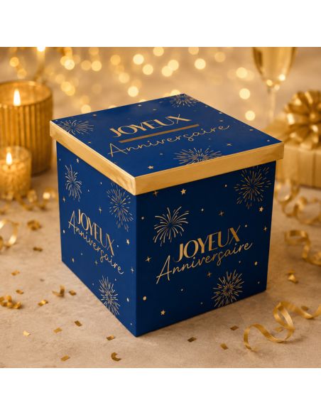 Urne "Joyeux Anniversaire" Bleue et Dorée - Dimensions : 20 x 20 x 20 cm