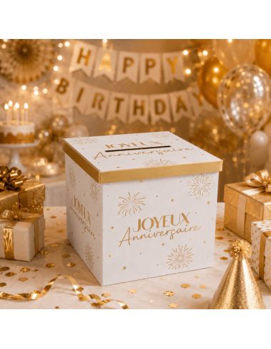 Urne "Joyeux Anniversaire" Blanche et Dorée - Dimensions : 20 x 20 x 20 cm