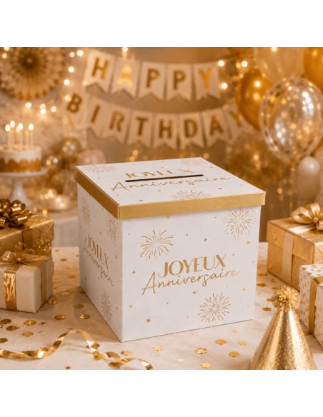 Urne "Joyeux Anniversaire" Blanche et Dorée - Dimensions : 20 x 20 x 20 cm