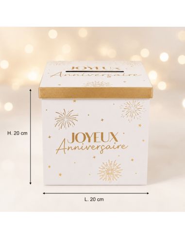 Urne "Joyeux Anniversaire" Blanche et Dorée - Dimensions : 20 x 20 x 20 cm