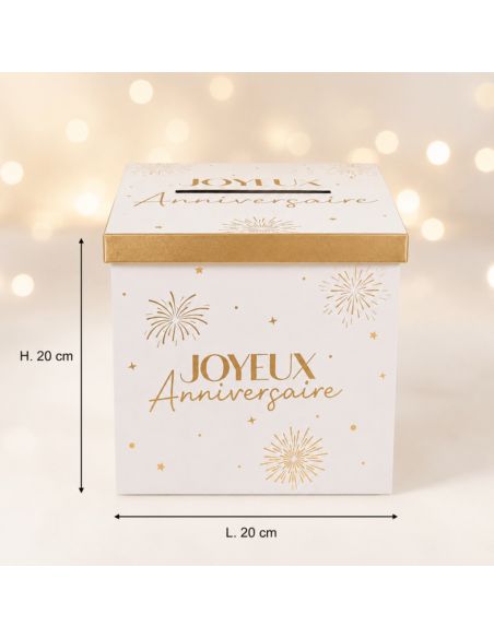 Urne "Joyeux Anniversaire" Blanche et Dorée - Dimensions : 20 x 20 x 20 cm