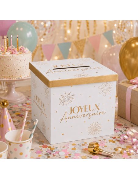 Urne "Joyeux Anniversaire" Blanche et Dorée - Dimensions : 20 x 20 x 20 cm
