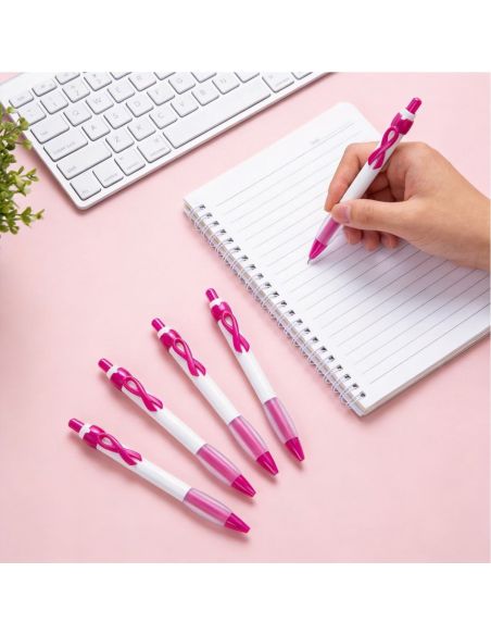 Stylo bille avec ruban rose de sensibilisation - Édition solidaire