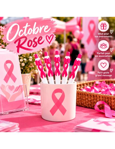Lot de 5 Stylos bille avec ruban rose de sensibilisation - Octobre Rose