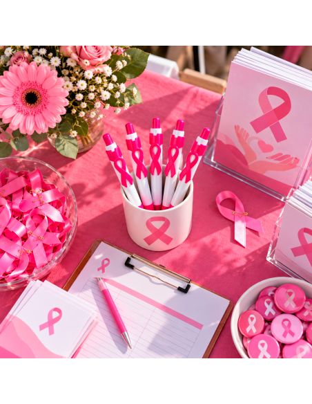 Lot de 5 Stylos bille avec ruban rose de sensibilisation - Octobre Rose