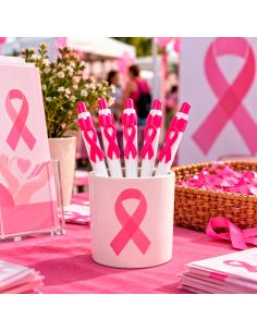 Lot de 5 Stylos bille avec ruban rose de sensibilisation - Octobre Rose 2
