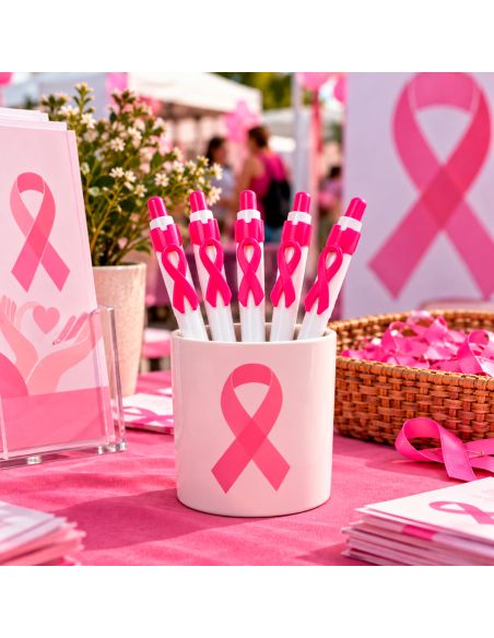 Lot de 5 Stylos bille avec ruban rose de sensibilisation - Octobre Rose