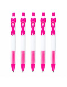 Lot de 5 Stylos bille avec ruban rose de sensibilisation - Octobre Rose