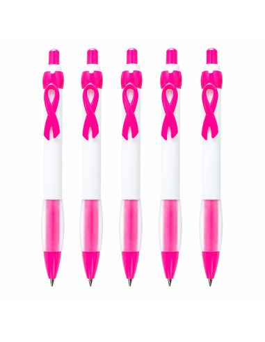 Lot de 5 Stylos bille avec ruban rose de sensibilisation - Octobre Rose