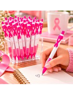 Lot de 25 Stylos bille avec ruban rose de sensibilisation - Octobre Rose 2