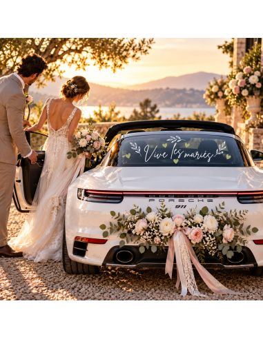 Sticker voiture 'Vive les mariés' floral - Décoration mariage chic