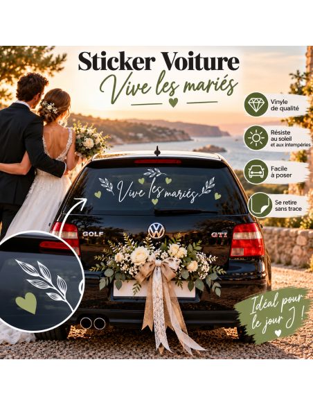 Sticker voiture 'Vive les mariés' floral - Décoration mariage chic
