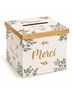 Accessoire de Mariage / Urne Imprimé "Merci" avec Colombe Dorée / Dimensions : 20 x 20 x 20 cm