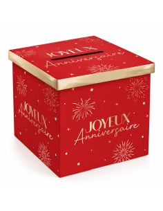 Urne "Joyeux Anniversaire" Rouge et Dorée - Dimensions : 20 x 20 x 20 cm