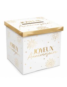 Urne "Joyeux Anniversaire" Blanche et Dorée - Dimensions : 20 x 20 x 20 cm