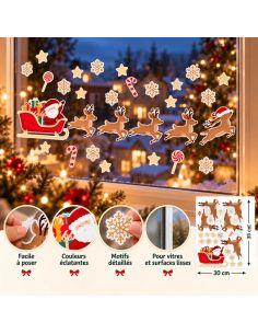 Lot de Stickers De Vitre Traineau Père-Noël - Faciles à poser et Repositionnables